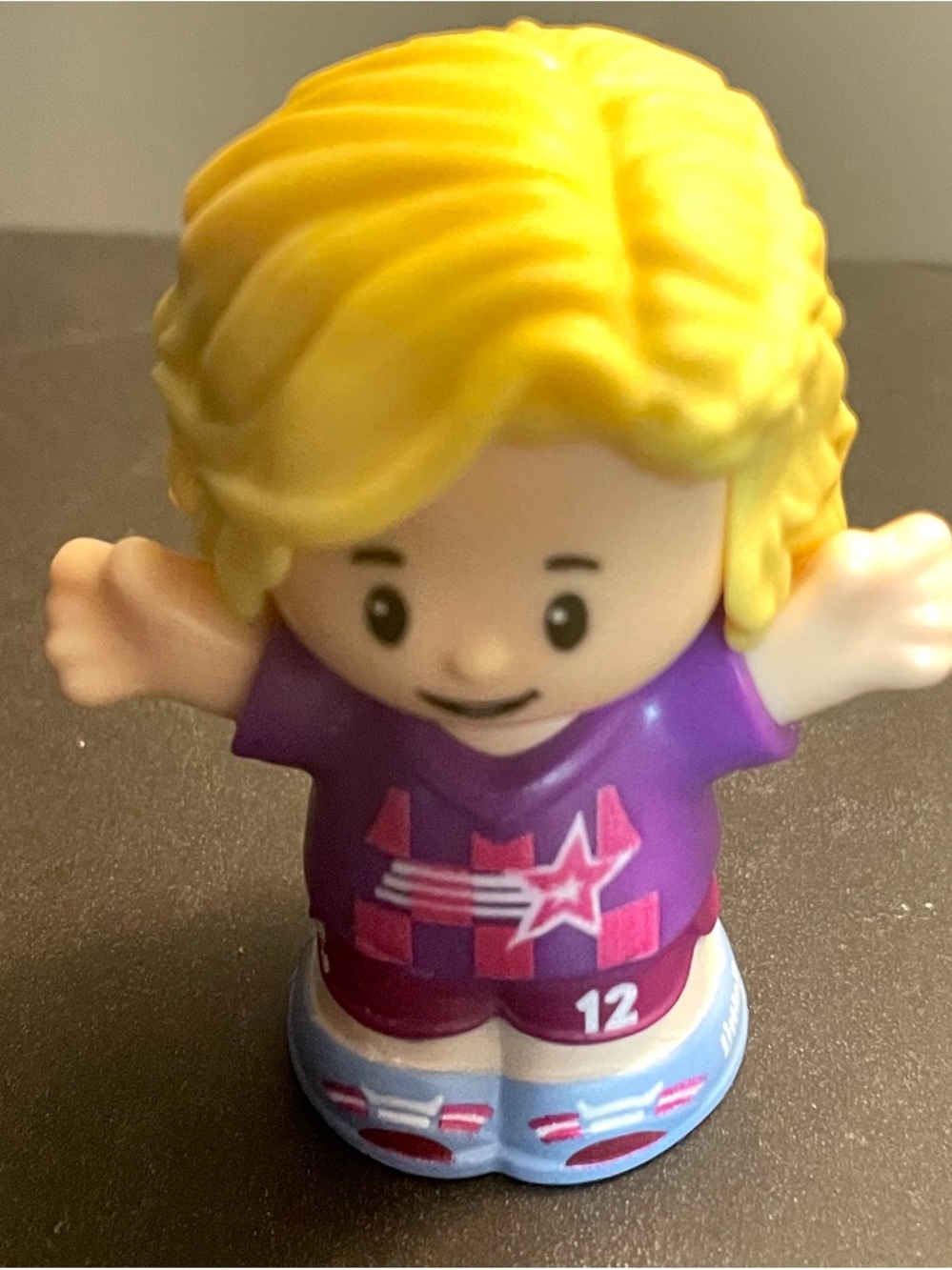 Little People Girl Sports Soccer player blonde hair purple Jersey